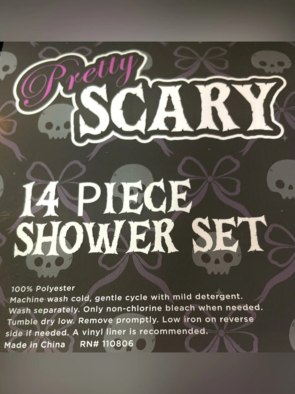 14-pc Halloween Shower Curtain Set Pink White Stripes Fang Lips Bats Hooks NEW